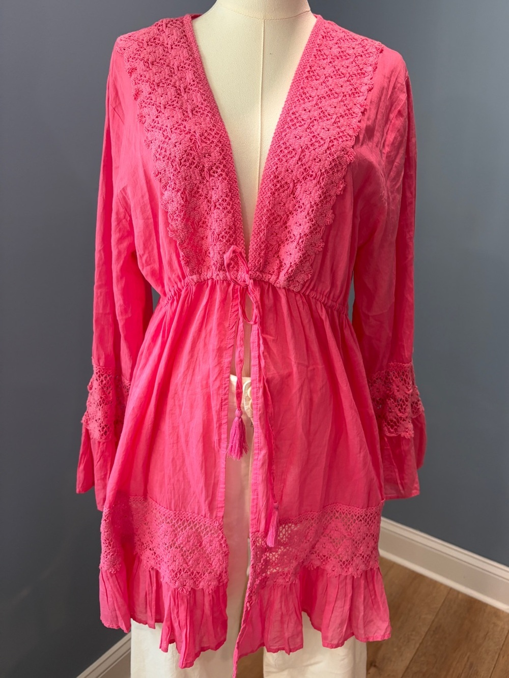 American Flirt Pink Crochet Lace Cover Up Kimono Tassel Tie Cotton Size M
